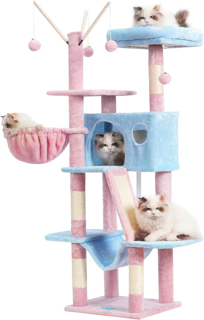 Hey-brother Cat Tree, 53 inch Cat Tower for Indoor Cats, Cat House with Padded Platform Bed, Toy Balls, Large Cozy Condo, Hammocks and Sisal Scratching Posts,Blue and Pink MPJ019SBP