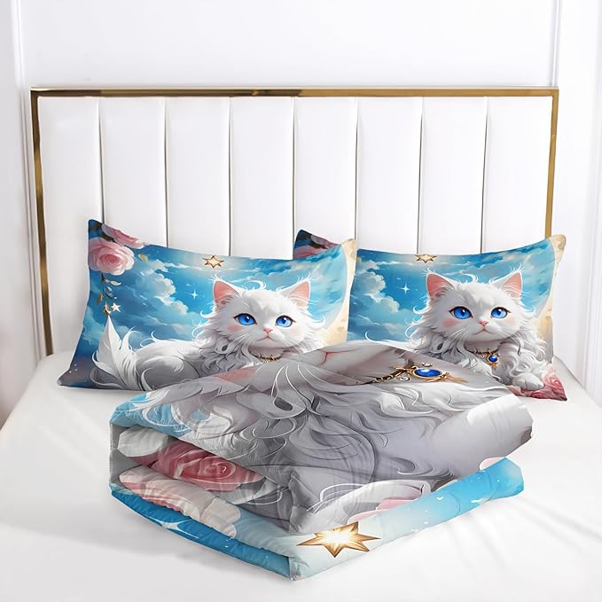 AILONEN Kids Kitten Bedding Set Twin Size,Cute Cartoon Cat Comforter Set for Girls Teens,Fairy Sky Moon Pink Rose Duvet Set 3 Piece,Beautiful Kitten Comforter with 2 Pillowcases