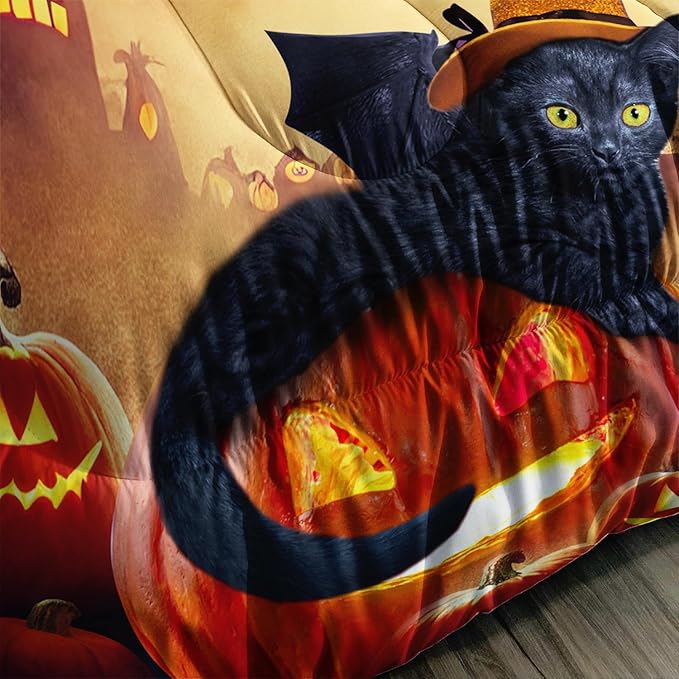 AILONEN Cat Halloween Comforter Set Twin Size,Scary Pumpkin Lantern Black Cat Bedding Set for Boys Girls Room Decor,Retro Gothic Duvet Set 3 Pieces, 1 Quilt and 2 Pillowcases
