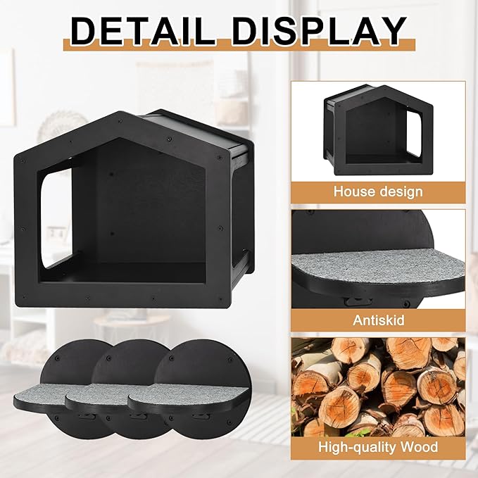 Cat Wall Shelves, Cat Shelves and Perches for Wall, Cat House Fit Cat Up to 25Lbs, 1 Cat Condo House and 3 Large Cat Steps with Scratching Pad, Cat Climbing Shelf for Indoor, Cat Wall Furniture