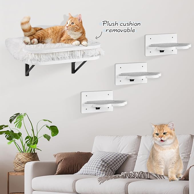 Cat Wall Shelves with Cooling Mat and Plush Cushion, Cat Shelves and Perches for Wall with 3 Wall Steps, Cat Wall Furniture Cat Climbing Shelf Cat Scratching Post for Sleeping, Playing, Gift for Cat