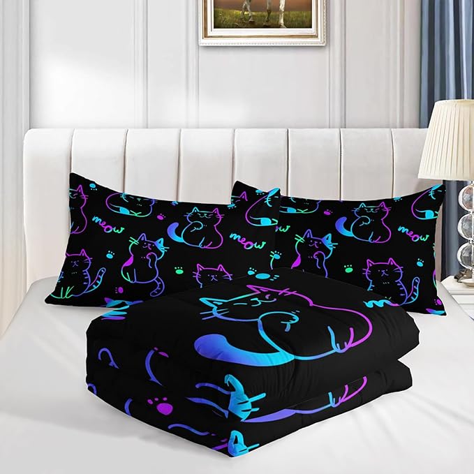 3D Neon Cat Kids Comforter Set,Gradient Line Cat Toddler Comforters King Size for Teens Kids Boys Girls Room Decoration,Black Kawaii Bedding Sets with 2 Pillowcases.