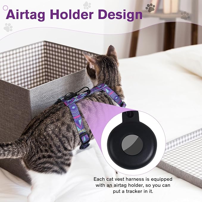 Cat Vest Harness and Leash Set with Airtag Holder, Adjustable Kitten Harness for Walking Escape Proof, Lightweight Soft and Comfortable Kitty Harness for Small Medium Large Cat