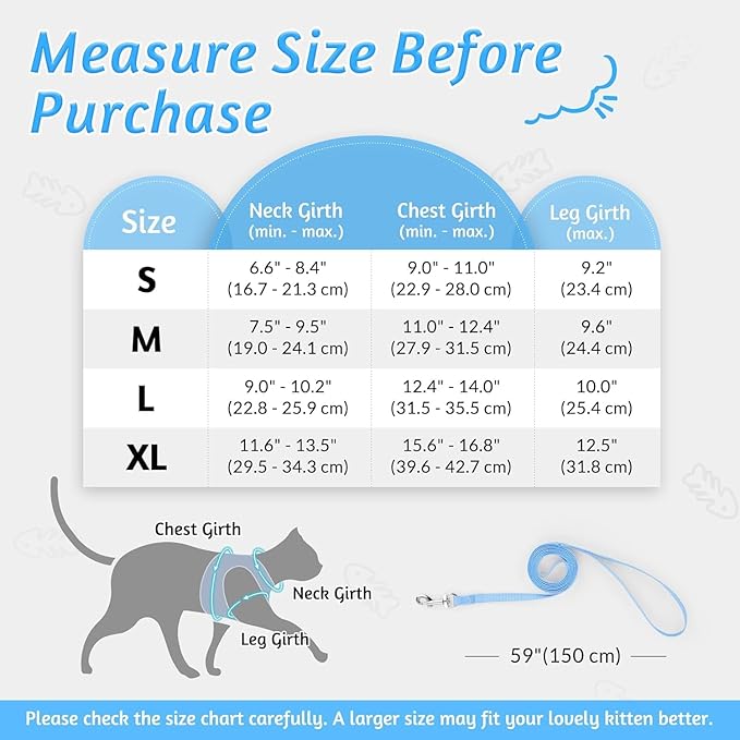 rabbitgoo Cat Harness and Leash Set for Walking Escape Proof, Adjustable Soft Kittens Vest with Reflective Strip for Cats, Comfortable Outdoor Vest, Light Blue, XL