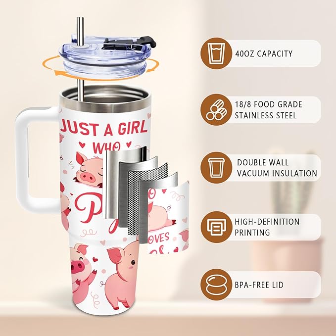 40 Oz Pig Tumbler with Handle and Straw, Just A Girl Who Loves Pig Tumbler, Cute Stainless Steel Insulated Tumblers for Women, Birthday Mothers Day Gifts for Animal Lovers Women