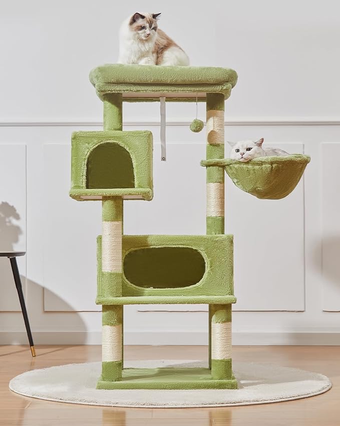 Taoqimiao Cat Tree,48.8-Inch Cat Tower for Indoor Cats,2 Luxurious cat condo with Adjustable Large Hanging Baskets and Large Luxurious Perch Green MS029LGR