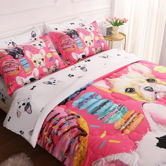 7 Piece Dog Comforter Set Full Size for Kids Cute 3D French Bulldog Dogs Bedding Bed in A Bag for Teens Boys Girls All Season Watercolor Pink Animal Themed Comforter