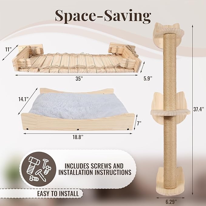 Cat Wall Shelves with Plush Perch - Easy Install - Cat Shelves for Wall Large Cats Set 3 in 1 - Perfect Furniture for cat Wall Climber - Includes Bed, Gym & Bridge