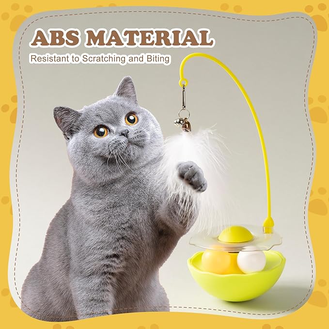 3-in-1 Tumbler Catnip Toy Interactive Cat Toys Cat Teaser with Feather and Bell, Track Balls Kitten Toys for Indoor Cats 9.8'' High (Yellow)