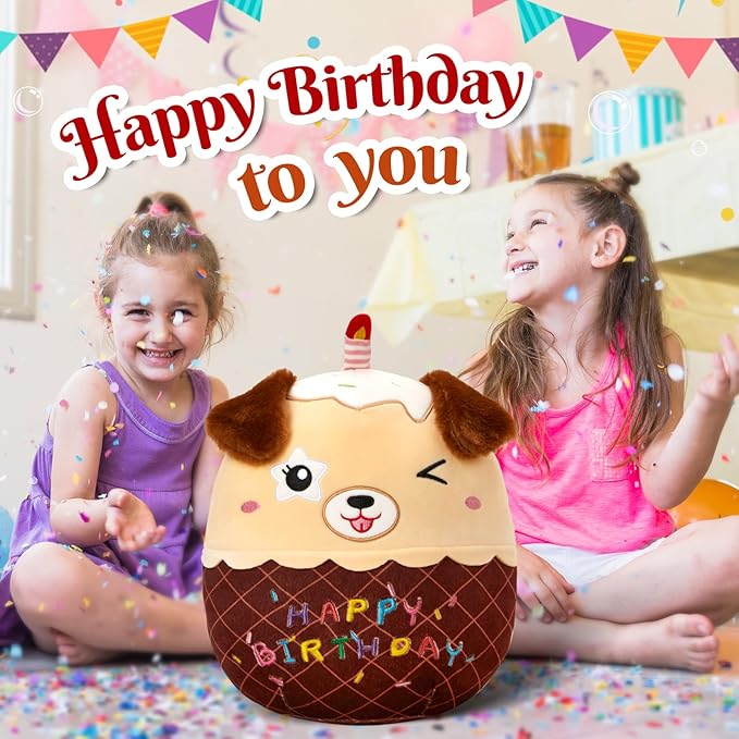 14" Birthday Cake Dog Plush Puppy Stuffed Animals Original Wink Dog Plushie Cuddle Pillows Happy Birthday Gift for Kids Boys Girls
