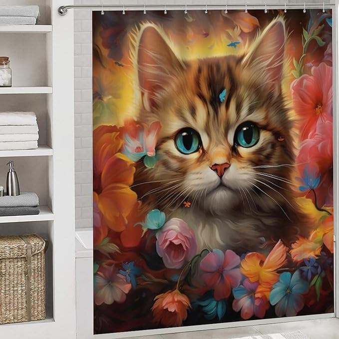 4Pcs Colorful Cat Shower Curtain Sets with Non-Slip Rugs, Toilet Lid Cover and U Shape Bath Mat, Gorgeous Floral Animal Abstract Bathroom Sets Waterproof Shower Curtains with 12 Hooks