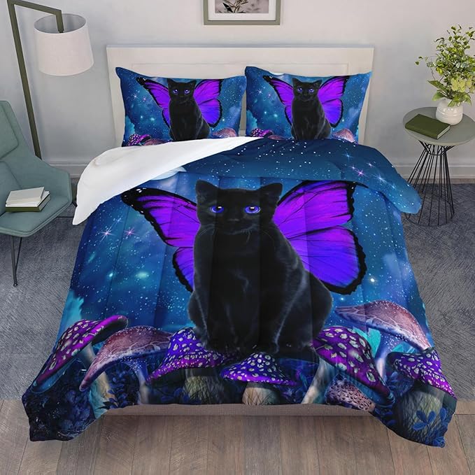 AILONEN Black Cat Comforter Set Queen Size, Butterfly Cat Bedding Set for Girls Boys,Blue Starry Moon Purple Mushroom Duvet Set 3 Pieces, 1 Quilt and 2 Pillowcases