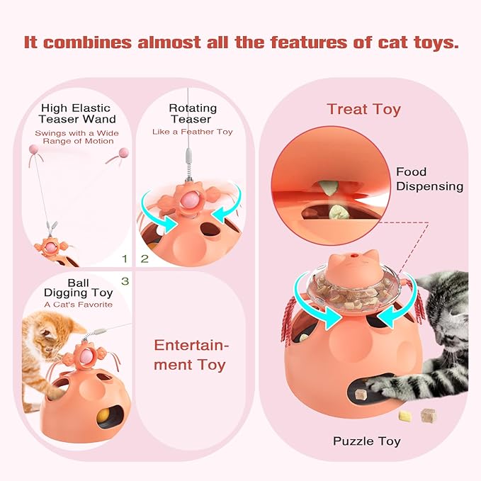 4 in 1 Cat Puzzle Toy for Indoor Cats, Cat Treat Puzzle, Modular Design with Cat Puzzle Feeder, Ambush Wand Dancer, Hide Rolling Ball Maze,Spinning Ball, Cat Enrichment Toys for Indoor Cats