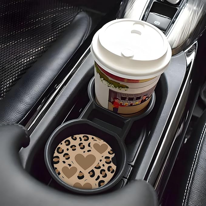Absorbent Ceramic Car Coasters for Cup Holders, Brown Love Leopard Cheetah Print Design 2.56" Anti Slip Universal Drink Cup Coasters for Women Men (2 Pack)