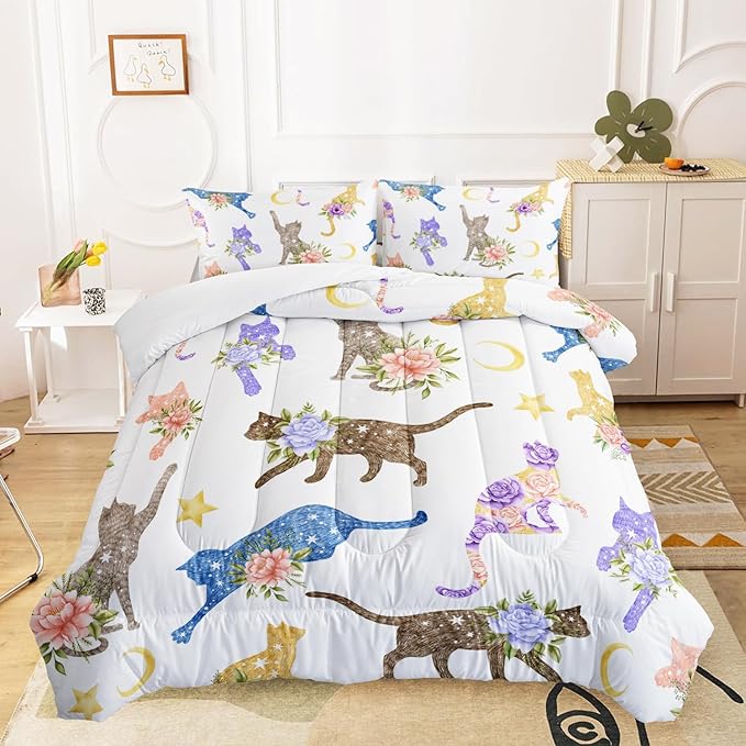 AILONEN Floral Cat Comforter Set Queen Size, 3-Piece Kids Soft Microfiber Kitted Bedding Set,Modern Shabby Chic Colorful Cat Comforter with 2 Pillowcases,Machine Washable