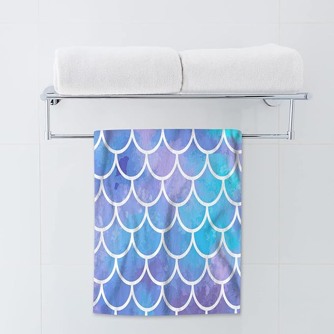 AOYEGO Aqua Blue Mermaid Bath Towels Retro Ocean Sea Fish Scale Mermaid Sequin Kitchen Hand Towels Bathroom Decor Soft Beach Microfiber Hair Towels 15x30 Inch