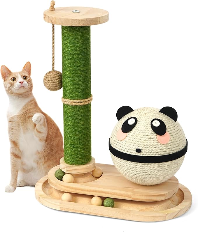 Cat Scratching Post, Panda Cat Grabs Sisal Ball Kitten Toys for Indoor Cats Wooden Ball Track Two-Layer Modern Sisal Cat Tree Tower Scratch Post Interactive Toy with Dangling Ball