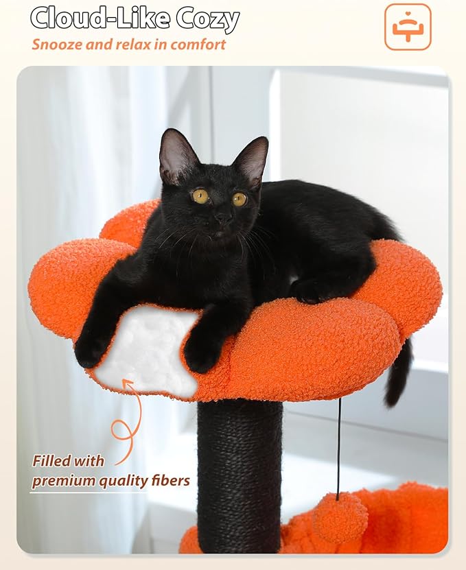 Halloween Cat Tree with Yellow Flower Perch - Black Scratching Posts, 35" Coffin Cat Tower with Large Hammock Cat Condo for Small Indoor Cats, Yellow Pumpkin Cat Bed for Kittens,Orange