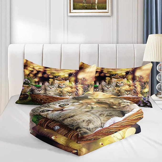 AILONEN Cat Comforter Set for Kids & Teens, 3D Printed Animal Bedding Set, Queen Size, Easy Care, 1 Comforter 2 Pillowcases