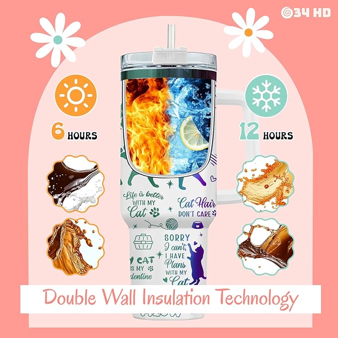 34HD Funny Engraved Cat Mom Tumbler with Handle and Straw 40oz, Paw Mom Cup Insulation, Birthday Mothers Day Gifts for Cat Lovers Women Auntie Friends