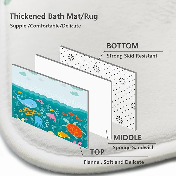 4 Pcs Lovely Cartoon Sea Creatures Fabric Shower Curtain for Kids with Non-Slip Rugs, Whale Turtle and Fish Bathroom Decor Curtain for Girls and Boys Fabric Polyester Waterproof 72 * 72in