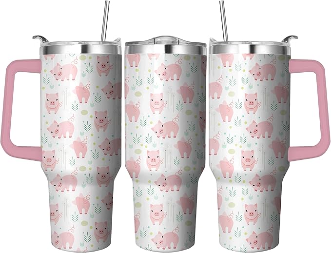 40 Oz Pig Tumbler with Handle and Straw, Double Wall Stainless Steel Pig Coffee Cup, Pig Mug Insulated Pig Cups for Women, 40 Oz Leak Proof Pig Coffee Mug for Women and Pig Gifts for Women