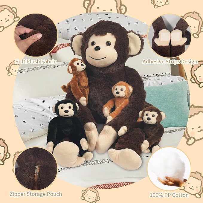 5 PCS Monkey Stuffed Animal, Large Mommy Stuffed Monkey Toy with 4 Baby Monkeys in Zippered Pouch, Huggable Monkeys Plush for Kids Forest Party Decor Christmas Birthday Gifts