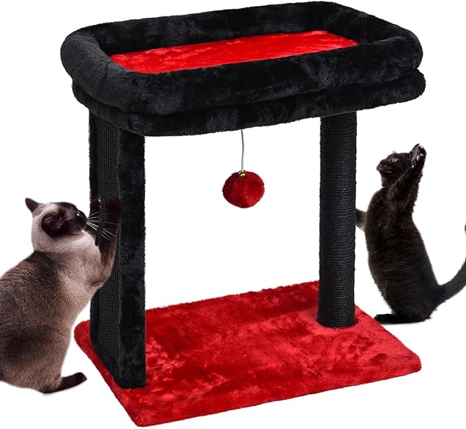 SYANDLVY Samll Gothic Cat Tree with Scratching Board, Scratching Post with Perch for Indoor Cats, Cat Scratcher with 2 Dangling Balls, Great for Kittens