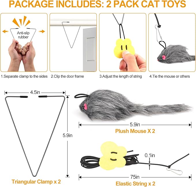 2PCS Hanging Cat Toys for Indoor Cats, Door Hanging Cat Toy, Retractable Mouse Teaser Toy, Home Alone Self Play Cat Toys, Kitty Toys for Indoor Cats Kitten Mental Physical Stimulation Training