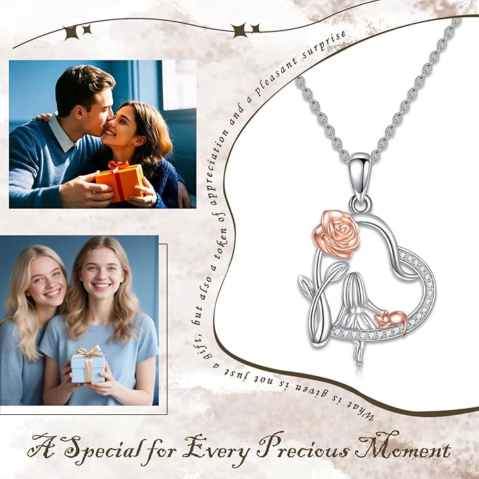 Alice in Wonderland Necklace Sterling Silver Alice Rabbit/Cat Heart Pendant I Love You Forever Jewelry Gift for Women