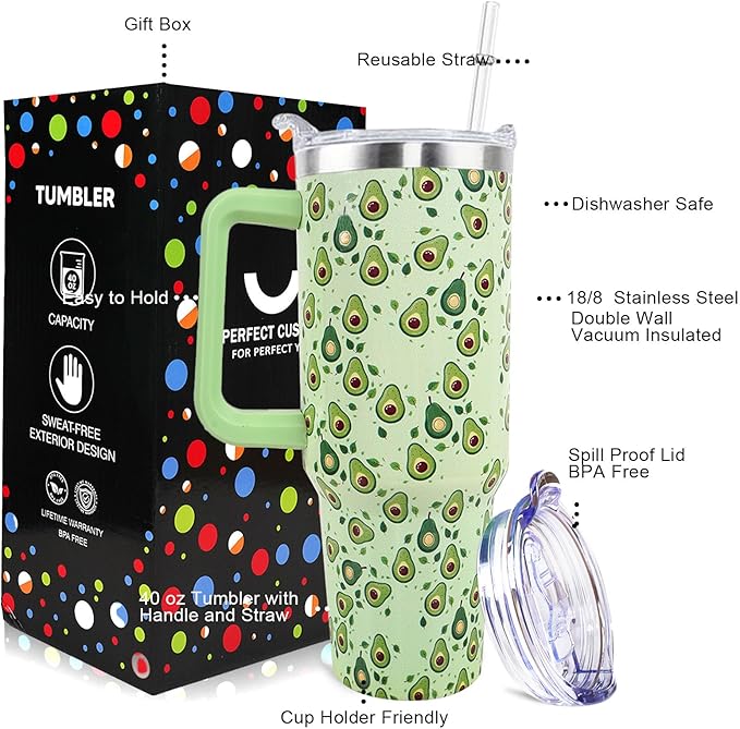 Avocado Tumbler 40 oz Tumbler with Handle and Straw Lid Leak Proof - Birthday Gifts for Women Travel Coffee Mug Insulated for Hot Cold Ice - Avocado Gifts for Women Mom Mothers Day
