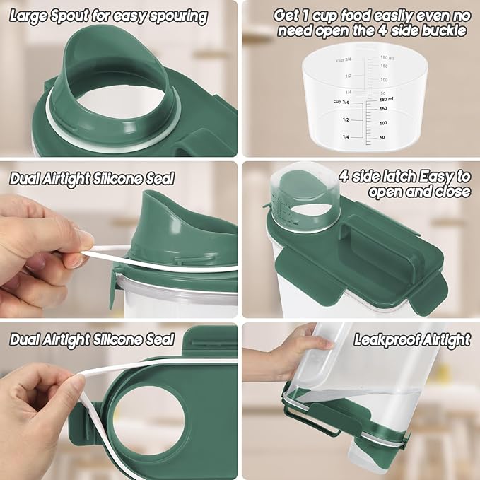 10lbs Cat Dog Storage Container Portable with Upgraded Large Spout and Cup,Plastic Pet Food Dispenser BPA-Free for Small Animal Kibble,Bird Seed,Oatmeal,Rice,flour,brown sugart-2 Set Royal Green