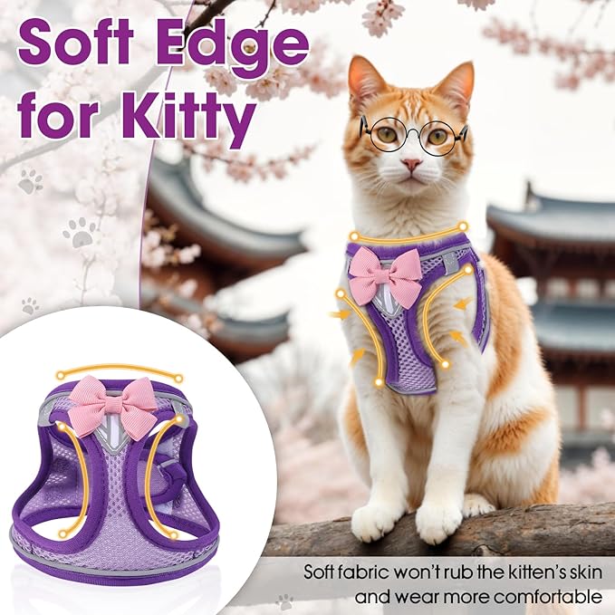 Cat Vest Harness and Leash Set for Walking Escape Proof, Adjustable Kitten Harness Breathable Mesh with Reflective Strips Harness for Kitty Puppy Bunny (Purple, XS)