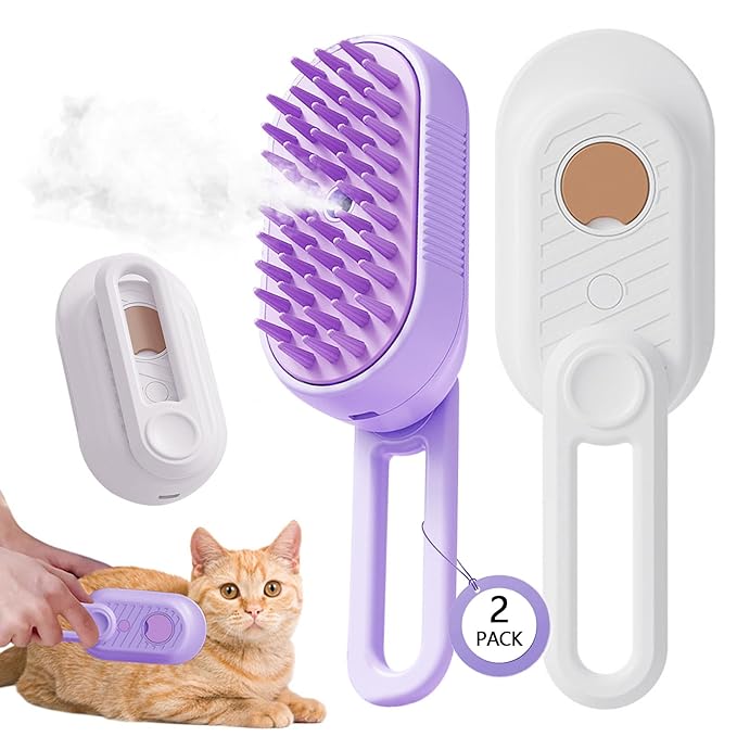 2 Pcs Cat Steam Brush,3 In 1 Spray Pet Grooming Brush,Water Brush for Cats Dogs,Upgraded Steamy Silicone Massage Grooming Brush,Pet Spray Hair Removal Comb,Anti-Static Steam Dog Brush(Purple & White)