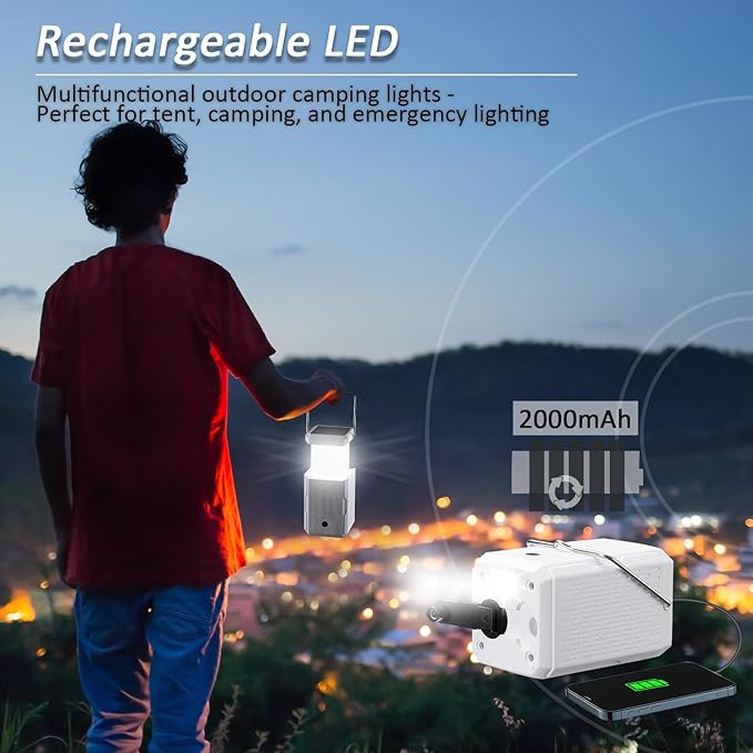 2 Pack Camping Lantern Rechargeable, Hand Crank & Solar Camping Lights with USB Output, Tent Lights for Camping, Portable Camp Lamp, Camping Hurricane Home Power Failure Essentials (White, 2 Pack)