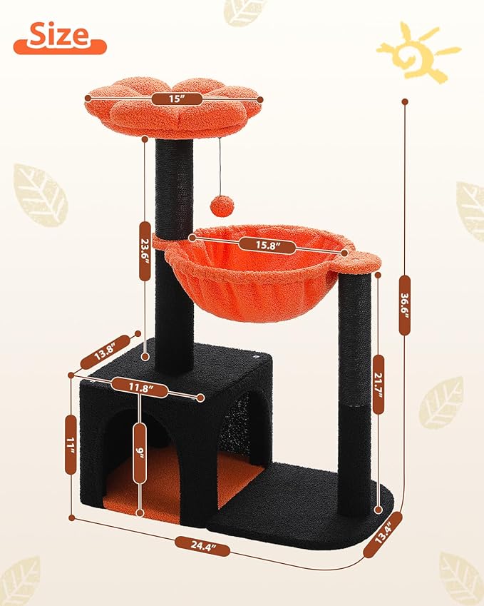 Halloween Cat Tree with Yellow Flower Perch - Black Scratching Posts, 35" Coffin Cat Tower with Large Hammock Cat Condo for Small Indoor Cats, Yellow Pumpkin Cat Bed for Kittens,Orange