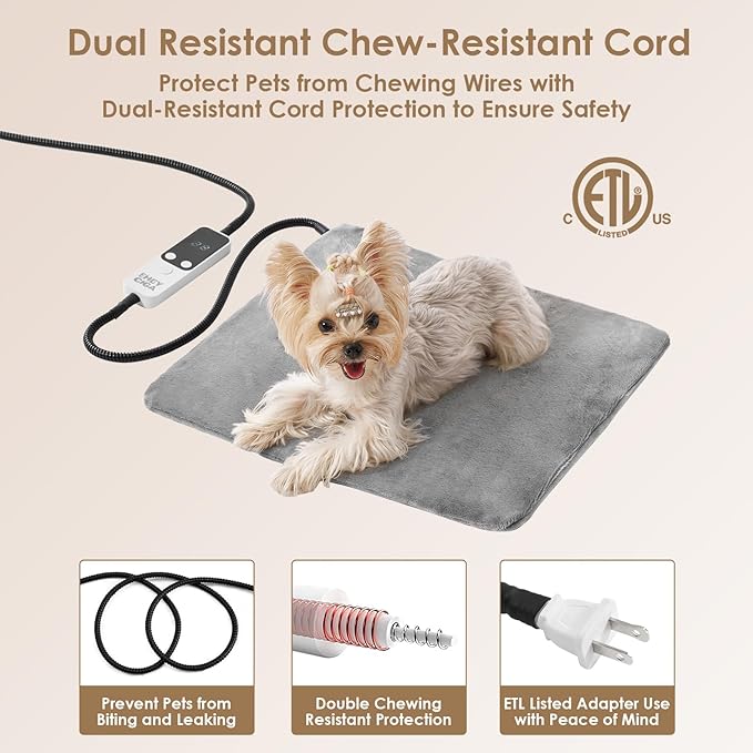 EHEYCIGA Heated Cat Bed Indoor, 6 Adjustable Temperature Dog Cat Heating Pad with Timer, Pet Heating Pad for Cats with Chew Resistant Cord, Waterproof Cat Heating Pad for Winter, 18"x16", Grey