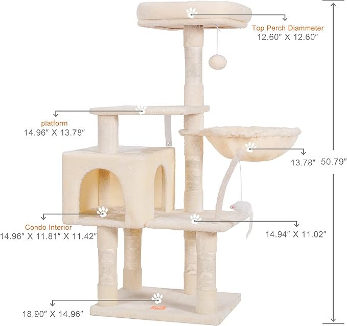 Heybly Cat Tree with Toy, Cat Tower condo for Indoor Cats, Cat House with Padded Plush Perch, Cozy Hammock and Sisal Scratching Posts, Beige HCT004M