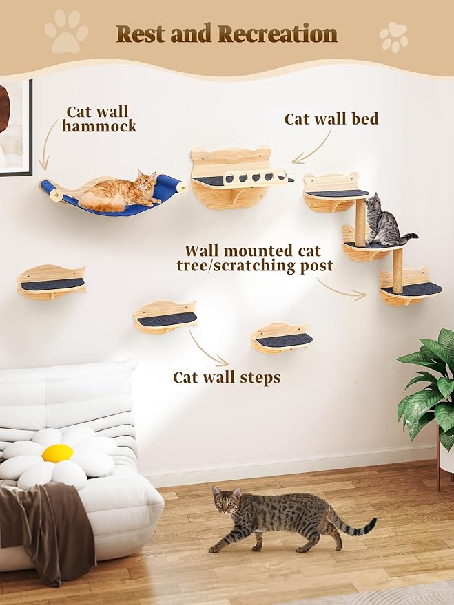 Cat Wall Shelves, Cat Wall Furniture Cat Shelves & Perches for Wall Climbing Cat Wall Steps Set Cat Wall Climber with Cat Hammock, Cat Perch, Sisal Cat Scratching Post