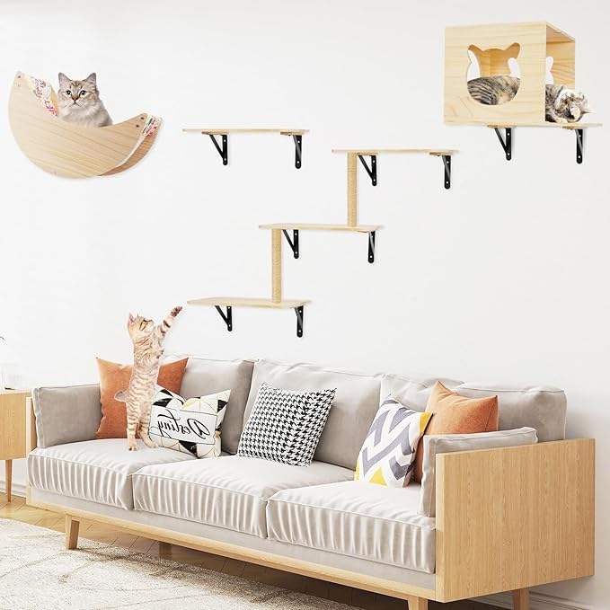 Cat Wall Shelves, 5pcs Cat Wall Furniture, Wooden Cat Wall Shelves and Cat Perch Set with Cat House, Cat Hammock, Cat Climbing Steps, Sisal Cat Scratching Post Ladder, Cat Scratcher Board Wall Mounted