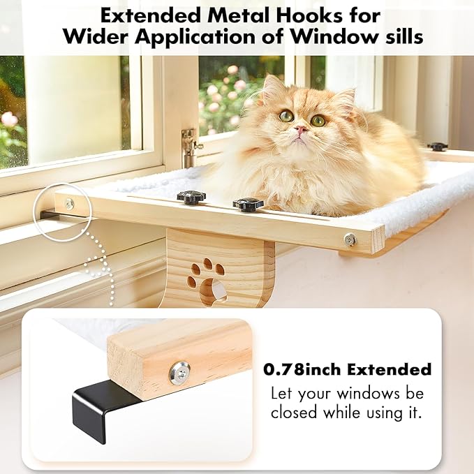 AMOSIJOY Cat Sill Window Perch Sturdy Cat Hammock Window Seat with Wood & Metal Frame for Large Cats, Easy to Adjust Cat Bed for Windowsill, Bedside, Drawer and Cabinet