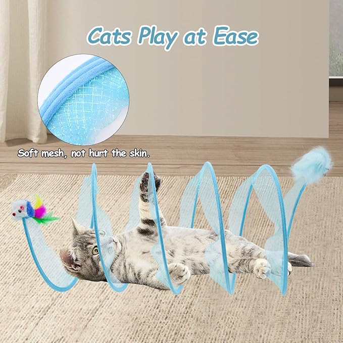 2 Packs Folded Cats Tunnel, Kitten Tunnel for Indoor Cats Collapsible Large Tubes Played Tunnel Spring Cute Foldable Pet Tunnel Bed Interactive Toy with Toys Feather Mouse Hemp Ball Blue