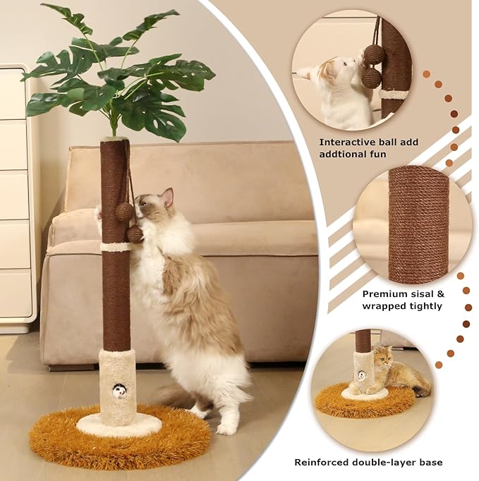Cat Scratching Posts Cat Trees 35.43" Tall with Sisal Rope Cat Toy and Hanging Ball for Indoor,Wooden Palm Tree Cat Scratch Pole for All Cat (Brown)