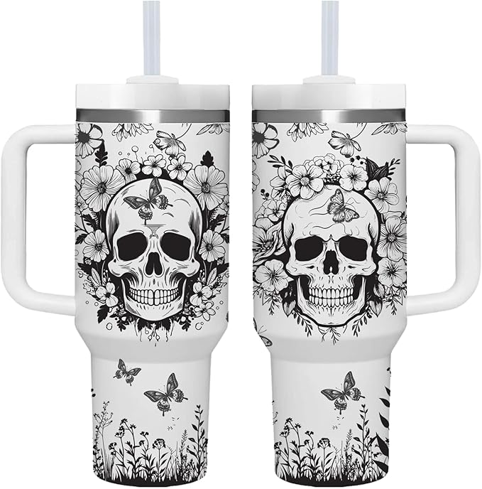 AMZUShome 40 OZ Goth Skull Tumbler with Handle.Skull Lover Tumblers Gift.Unique Birthday Christmas Halloween Goth Skull Cup Gifts.40 OZ skull Tumbler Gifts for Women.