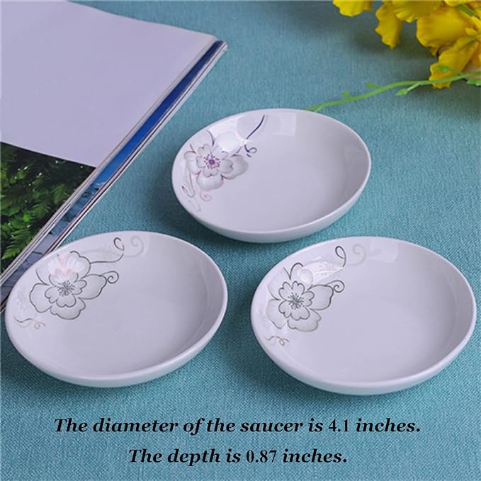 4 Pack Saucer Dishes with Flower Pattern, Ceramic Dipping Bowls, 4 Inch Side Dishes Sauce Dishes for Sushi Sauce Snack, Porcelain Seasoning Dishes Appetizer Plates, Snack Serving Dishes