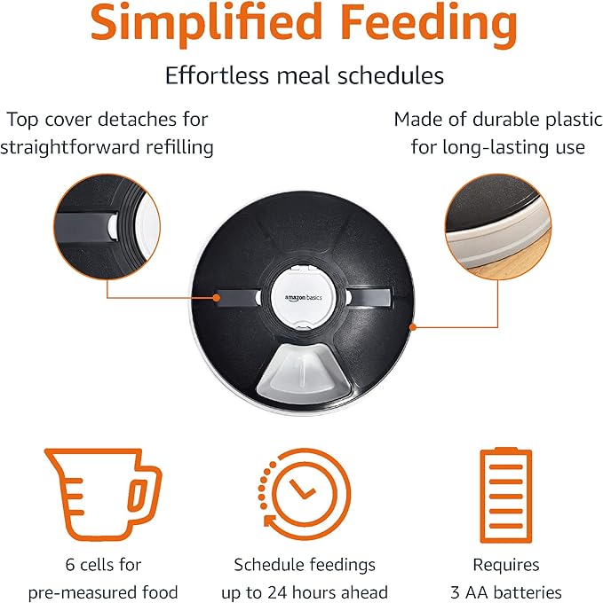 Amazon Basics Automatic Pet Feeder, Electronic Timed Dog and Cat Food Dispenser, 6 Portions, Plastic, Black, 12" X 12" X 2.3"