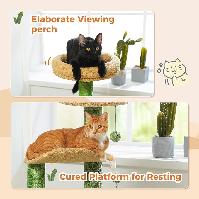 PAWZ Road Cactus Cat Tree Small Cat Tower 32” Cat Scratching Post with Curved Perch, Cozy Cat Condo, Removable Padded Top Bed for Kittens and Indoor Cats-Green