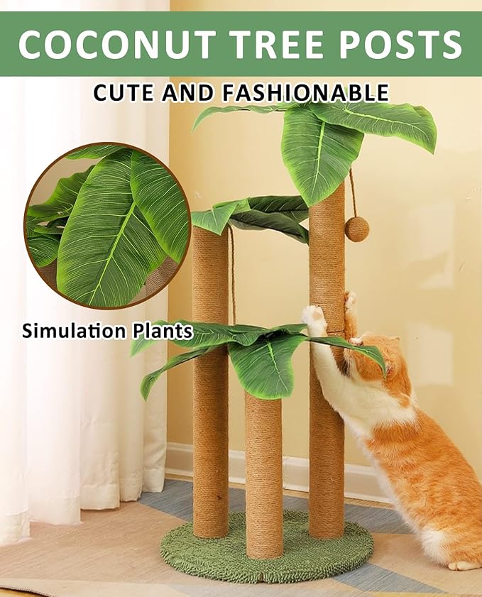 BNOSDM 35" Tall Cat Scratching Posts for Adult Cats Coconut Tree 3 Sisal Rope Claw Scratcher Dangling Ball Kitten Scratch Post Kitty Activity Center for Indoor Outdoor Cats Kittens