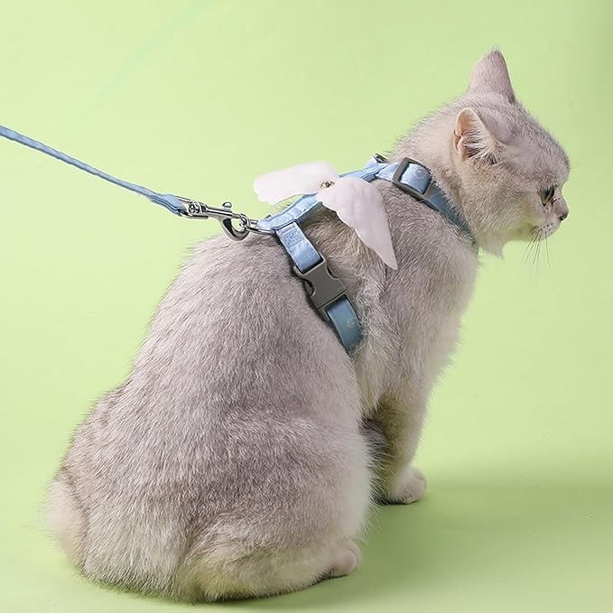 Cat Harness and Leash Set White Wing for Outdoor Travel Walking Escape Proof Soft Safe Adjustable Kitten Puppy Small Strap Angel Style, Blue