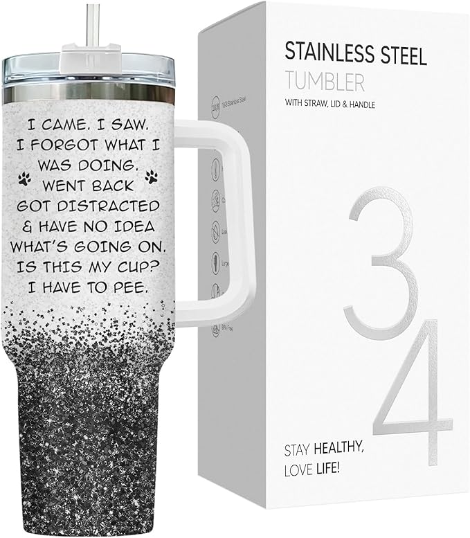 34HD Funny Black Cat Tumbler with Handle and Straw, 40oz Cute Furry Friend Travel Mug Stainless Steel, I Came I Saw Cup, Birthday Gifts for Cat Lovers Women Men